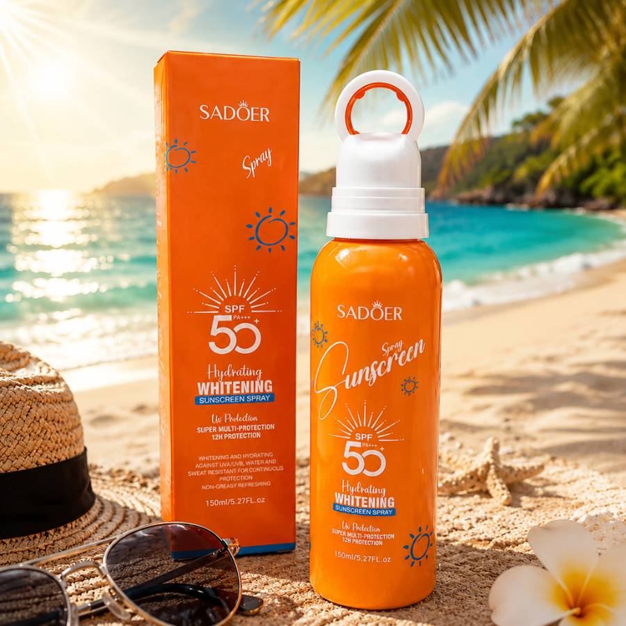 اسپری ضد آفتاب بی رنگ برند سادور SPF50 محافظت کننده و روشن کننده پوست 150 میل اورجینال